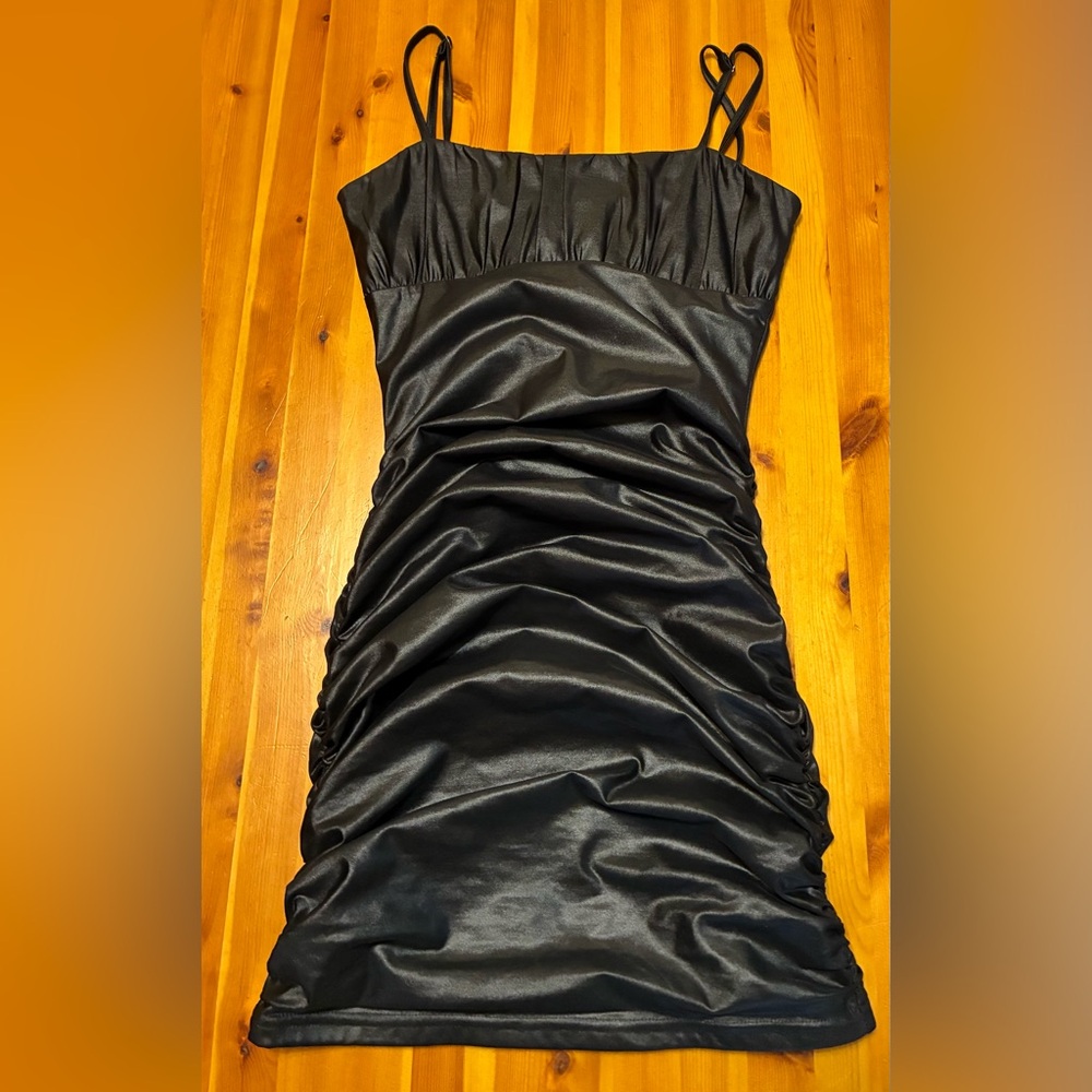 Katie J NYC Elegant Black Ruched Dress with Beautiful Sheen